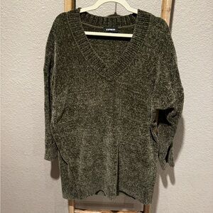 Express Olive Green V-Neck Chenille Sweater